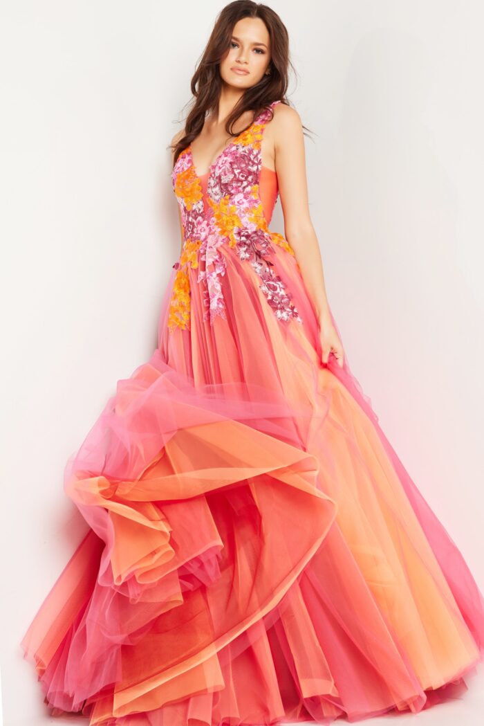 Model wearing Orange Multi Floral Appliques Tulle Ballgown 25800