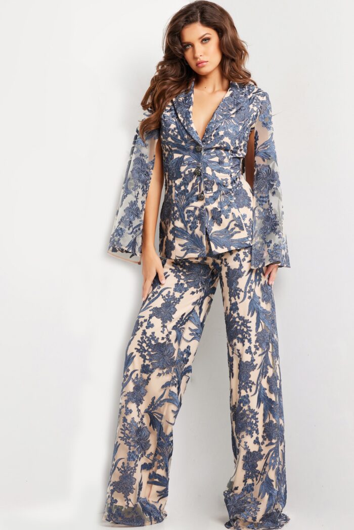 Model wearing Navy and Nude Two Piece Contemporary Suit 25805