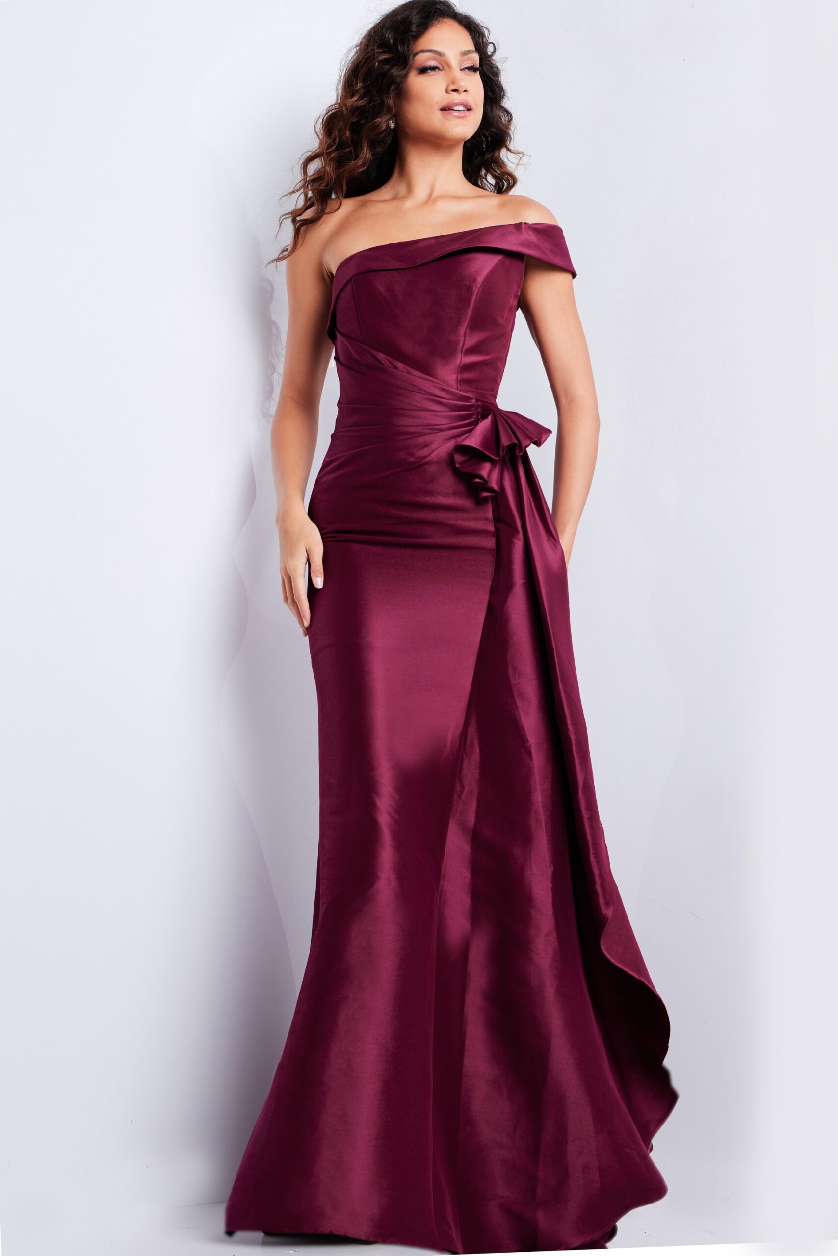 Burgundy One Shoulder Ruched Waist Gown 25831