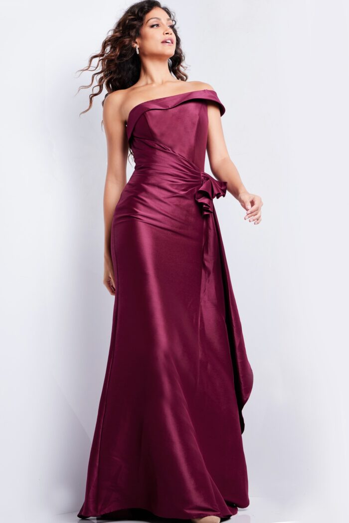 Model wearing Burgundy One Shoulder Ruched Waist Gown 25831