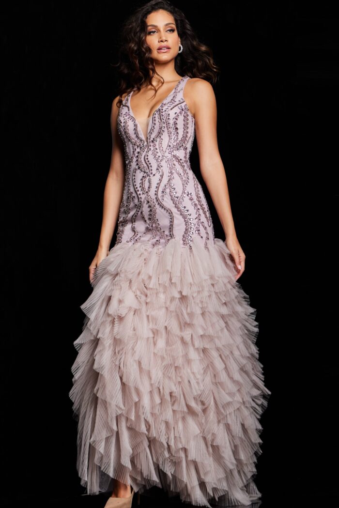 Model wearing Mauve Beaded Mermaid Dress 25853