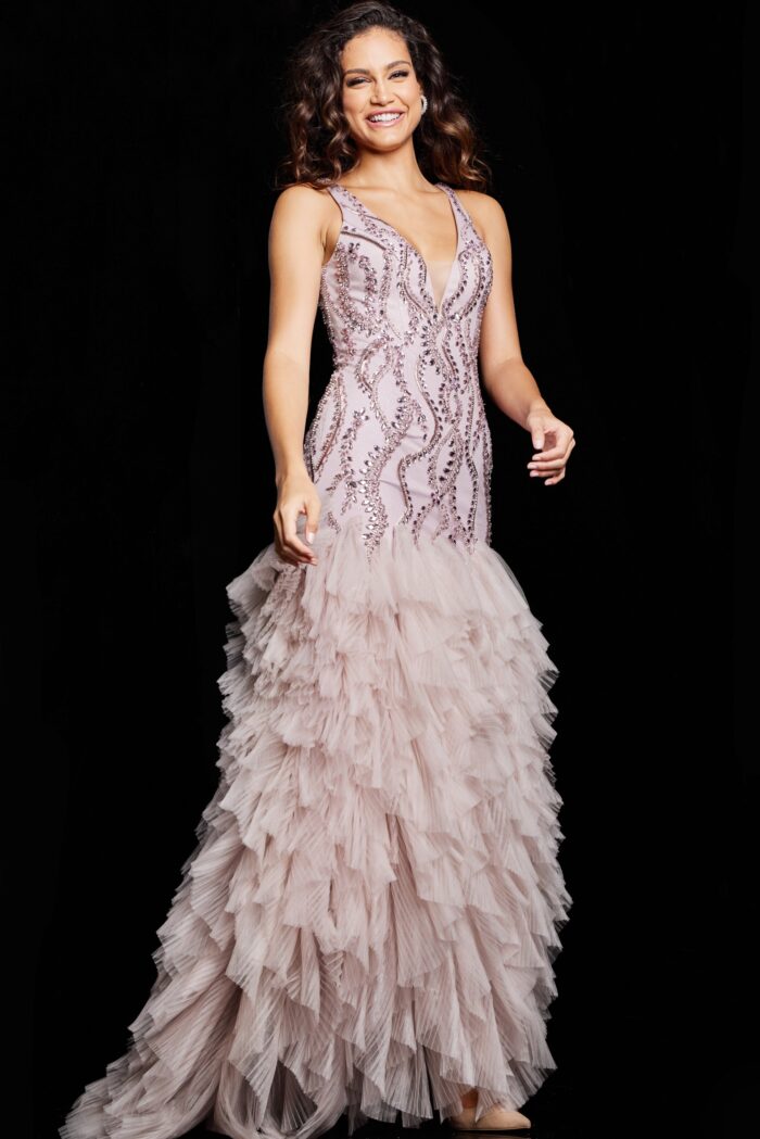 Model wearing Mauve Beaded Mermaid Dress 25853