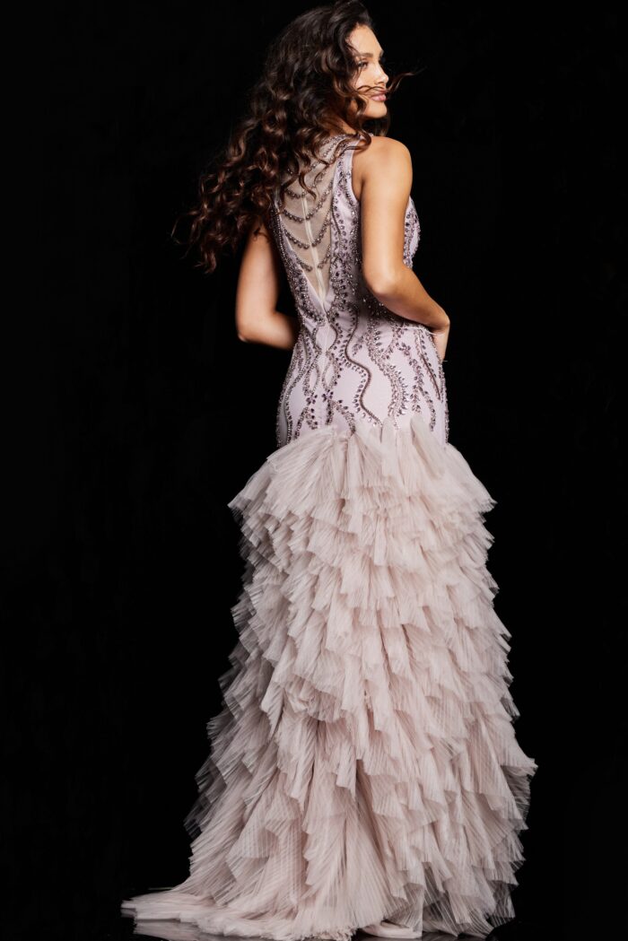 Model wearing Mauve Beaded Mermaid Dress 25853