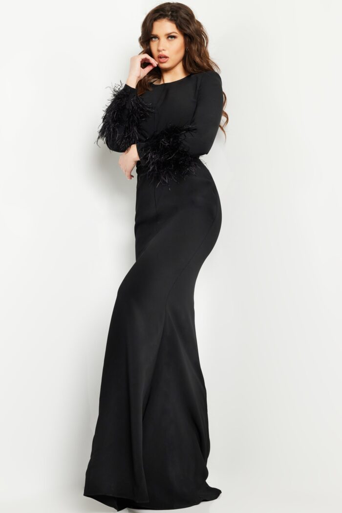 Model wearing Black Long Sleeves Fitted Formal Gown 25898