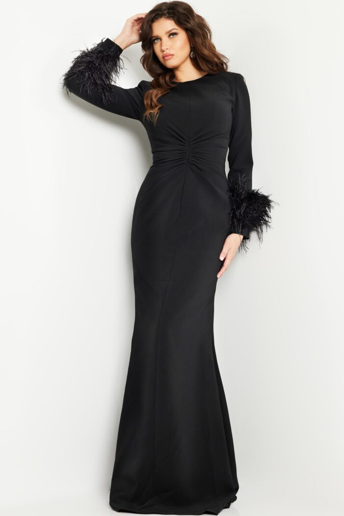 Model wearing Black Long Sleeves Fitted Formal Gown 25898