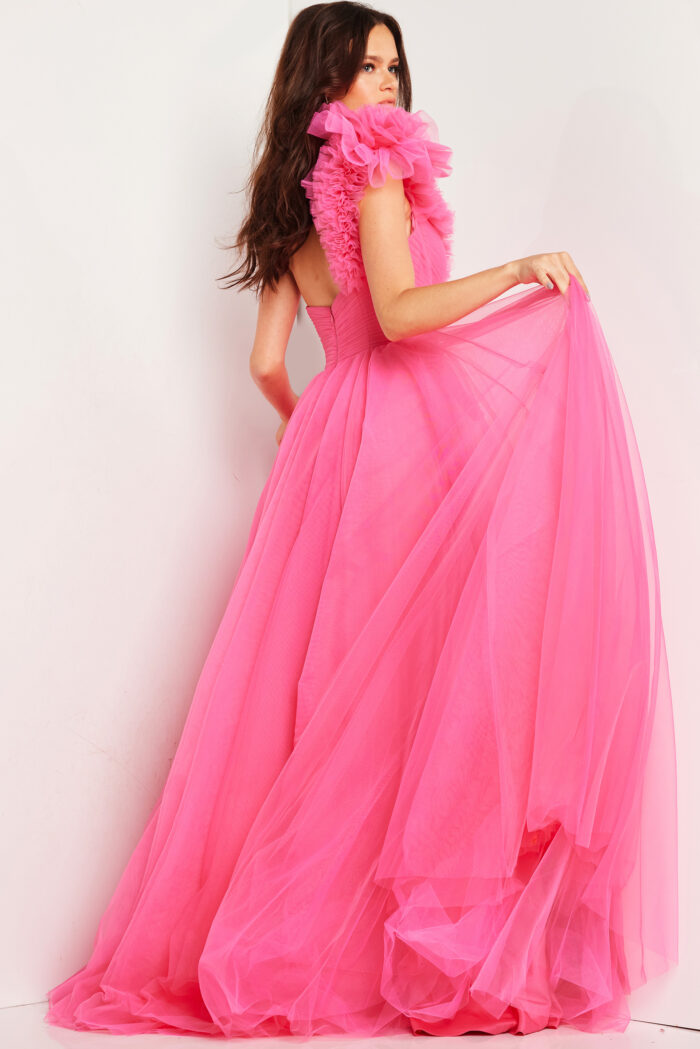 Model wearing Hot Pink Ruffle Shoulder High Slit Ballgown 25919