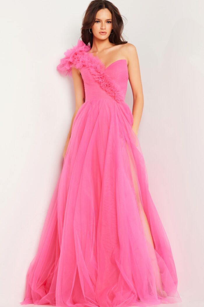 Model wearing Hot Pink Ruffle Shoulder High Slit Ballgown 25919