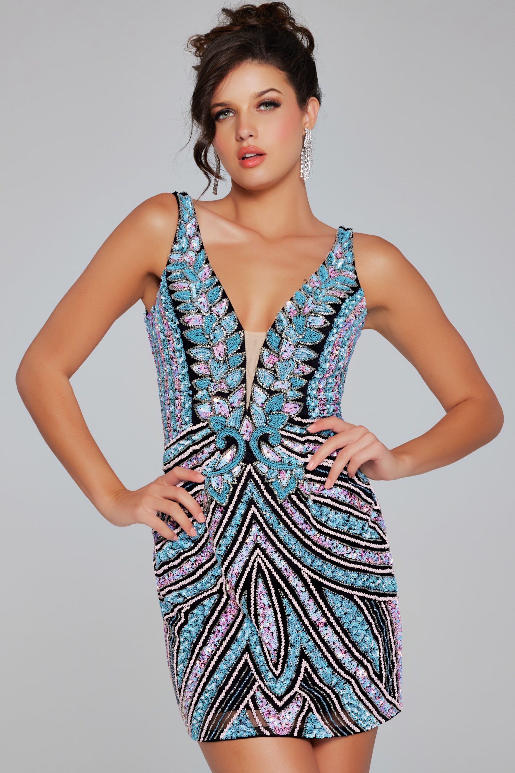 Multi Color Plunging Neckline Beaded Dress 25925