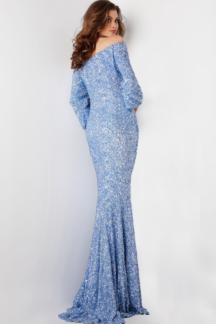 Model wearing Blue Off the Shoulder Sequin Formal Dress 25949