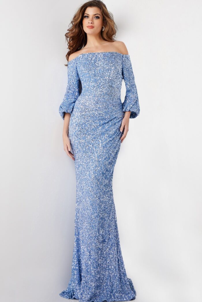 Model wearing Blue Off the Shoulder Sequin Formal Dress 25949
