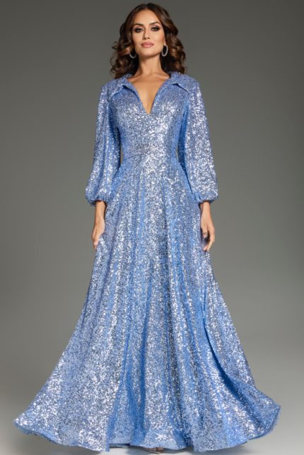 Model wearing Jovani 25950 blue sequin evening gown front view