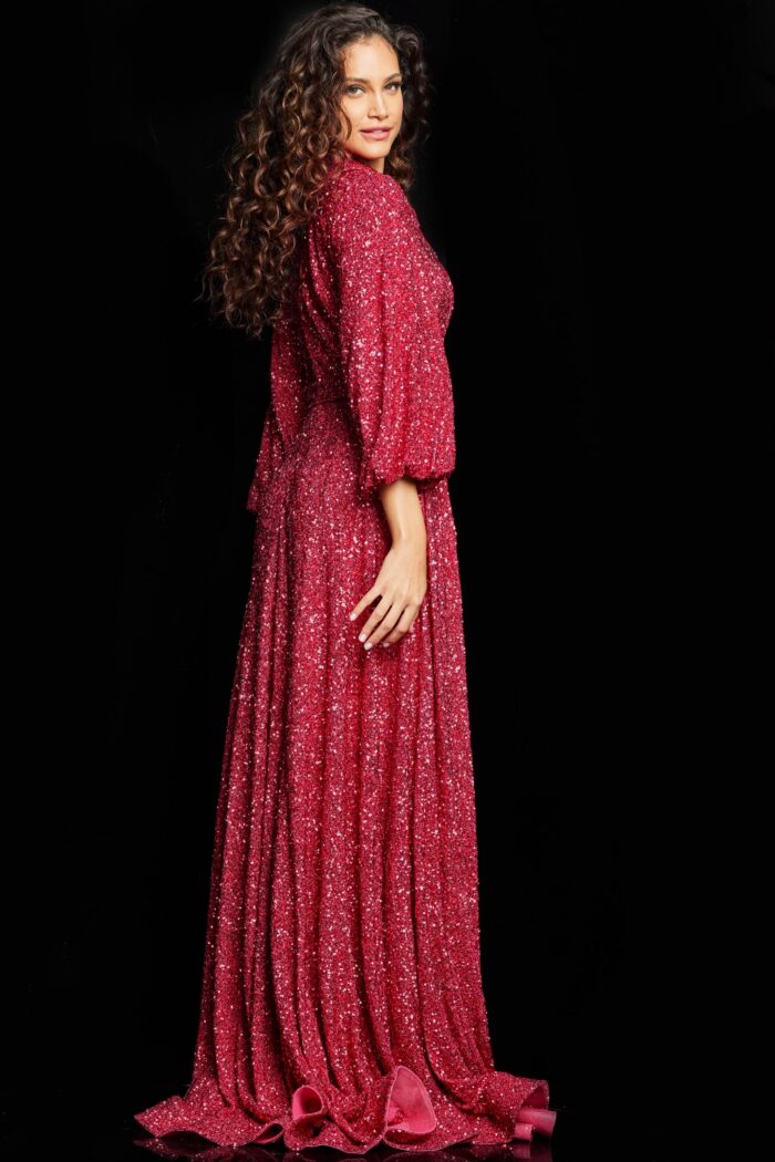 Model wearing Raspberry Embellished Long Sleeve Dress 25950