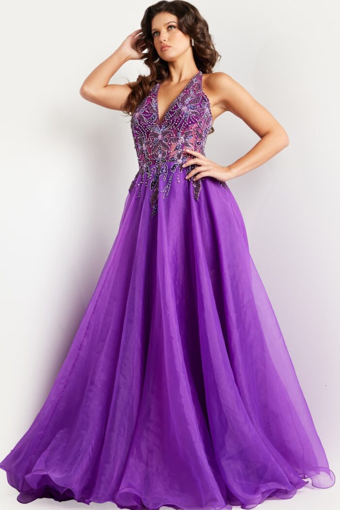 Model wearing Purple Embellished Halter Neck Gown 25964
