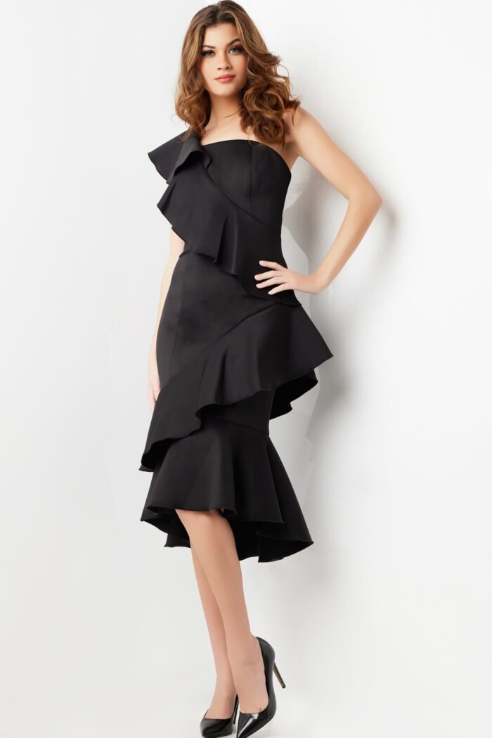 Model wearing Black Ruffle One Shoulder Cocktail Dress 25971