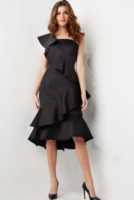 Model wearing Jovani 25971 elegant black dress with one-shoulder ruffle design.