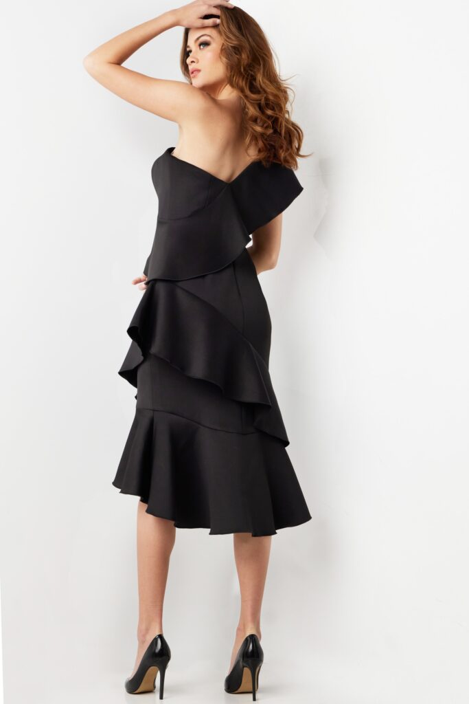 Black Ruffle One Shoulder Cocktail Dress 25971