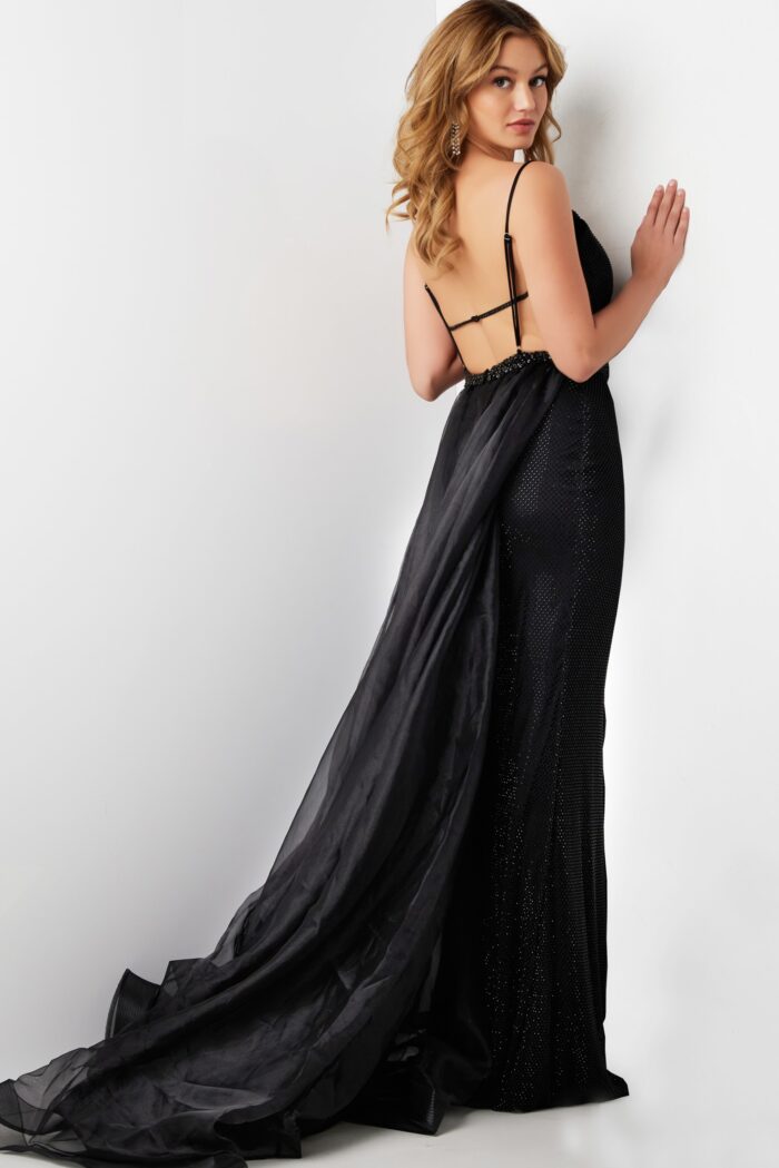 Model wearing Black Spaghetti Strap High Slit Dress 25990