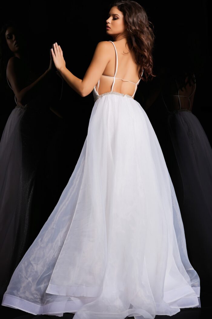 Model wearing Off White Net Embellished High Slit gown 25990