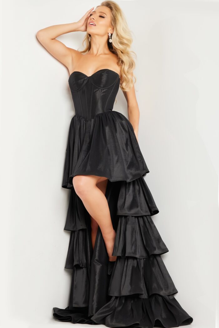 Model wearing Black Strapless High Low Dress 26006