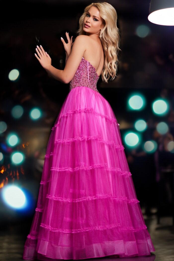 Model wearing Pink A Line Beaded Bodice Gown 26011