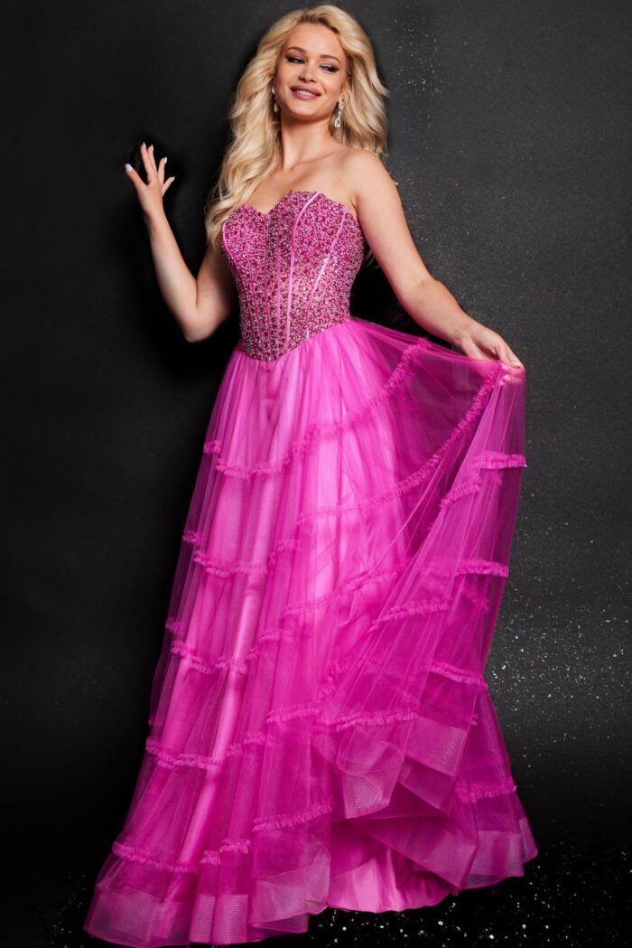 Model wearing Pink A Line Beaded Bodice Gown 26011