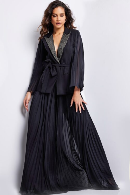 Model wearing Black Two Piece Pleated Skirt Gown 26024