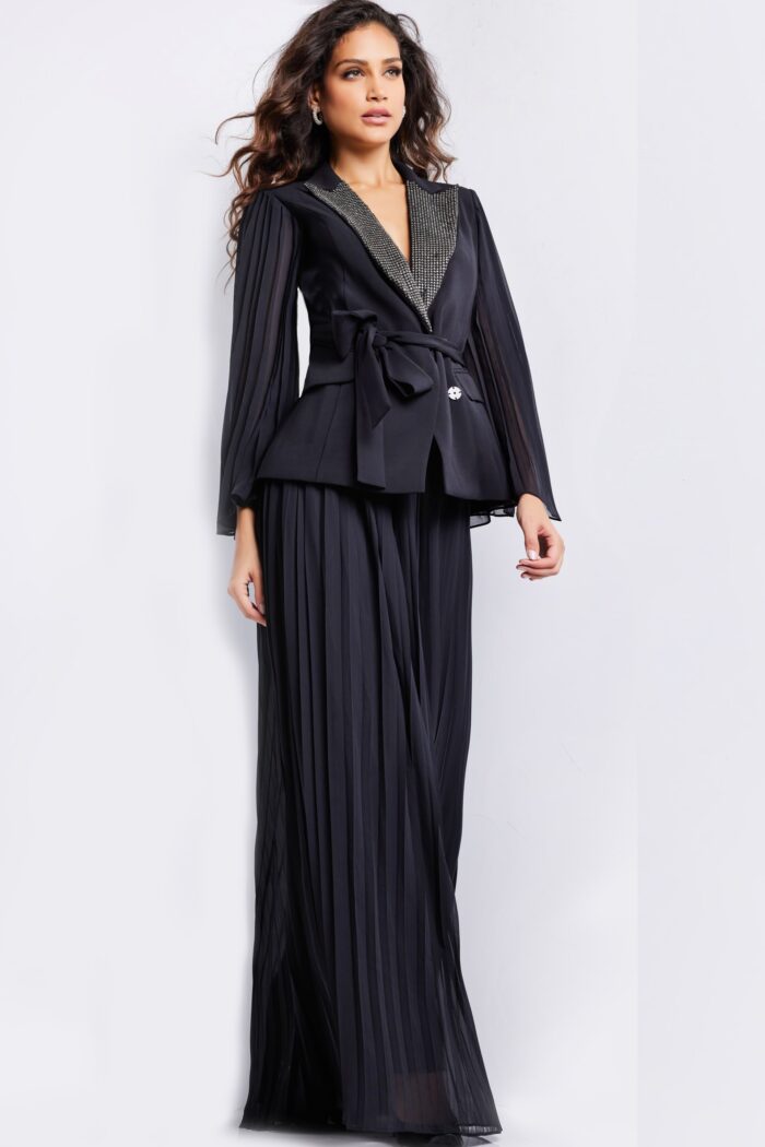 Model wearing Black Two Piece Pleated Skirt Gown 26024