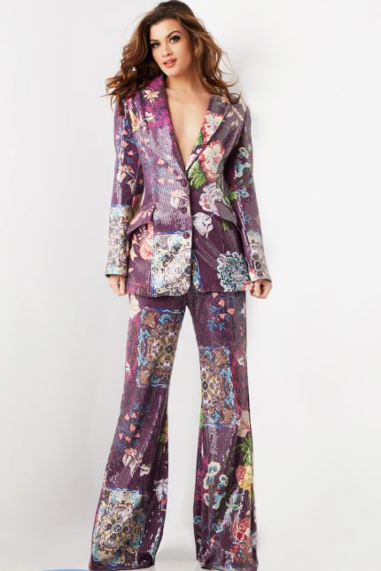 model wearing 26034 multi-colored suit with floral print, front view