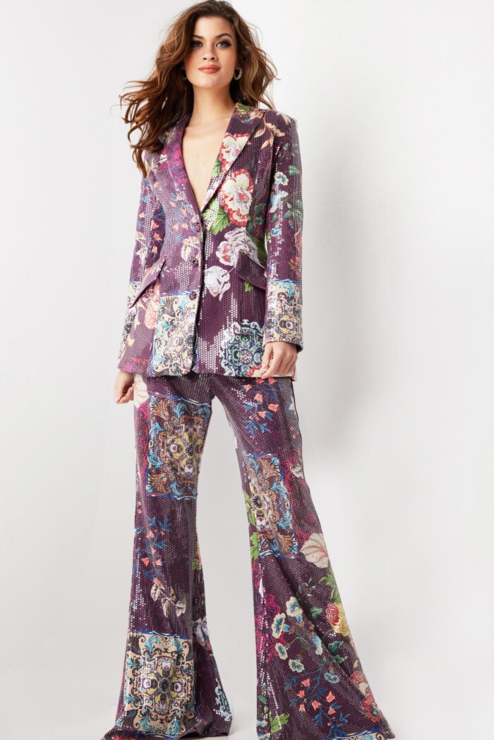 Model wearing Multi Floral Print Two Piece Pant Suit 26034