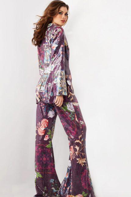 model wearing 26034 multi-colored suit with floral print, back view