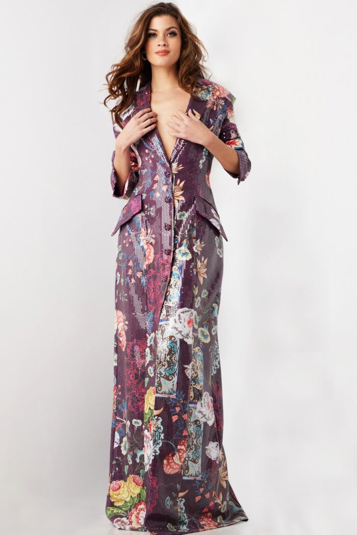 Model wearing Multi Floral Print Long Dress Coat 26035