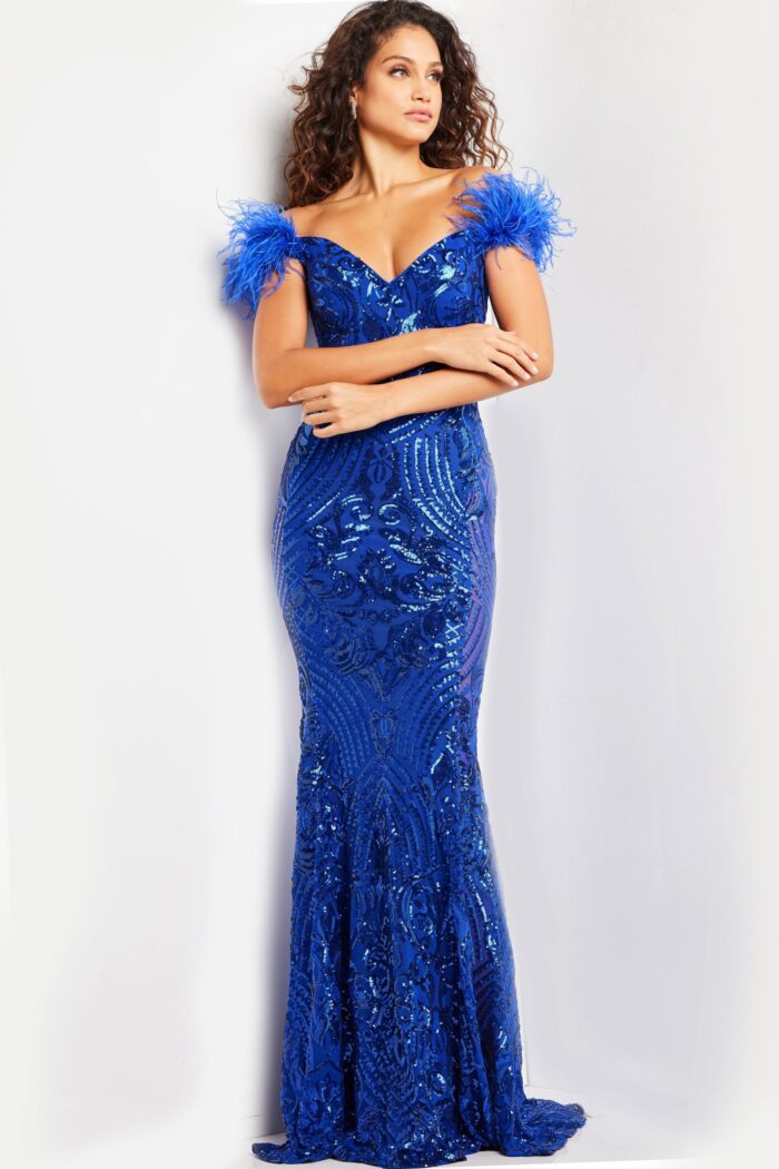 Model wearing Royal Sequin Off the Shoulder Dress 26041