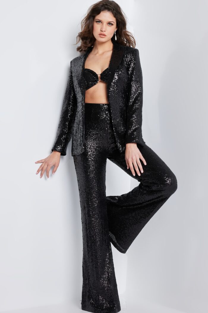 Model wearing Jovani 26042 Blush Sequin Three Piece Contemporary Pant Suit