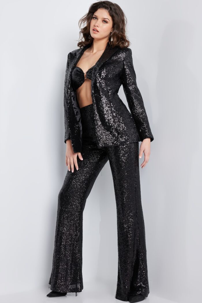 Model wearing Jovani 26042 Blush Sequin Three Piece Contemporary Pant Suit