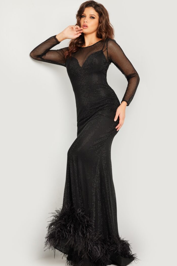 Model wearing Black Net Long Sleeve Fitted Dress 26047