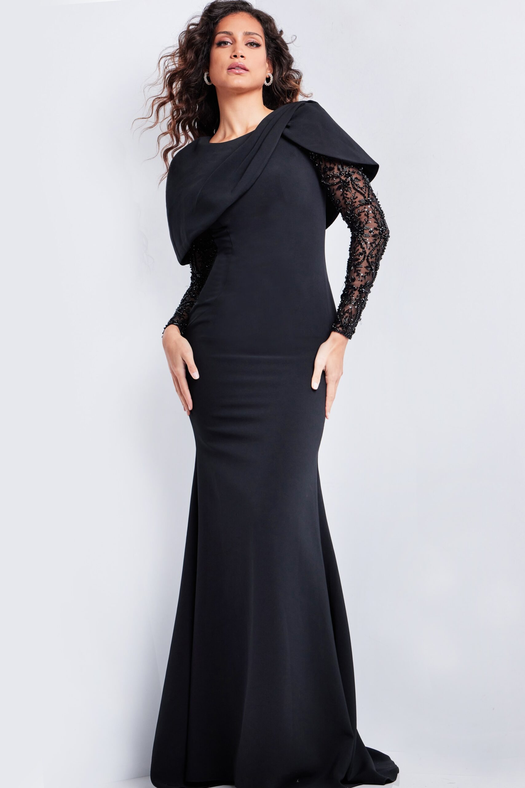 Black Long Embellished Sleeves Fitted Dress 26062