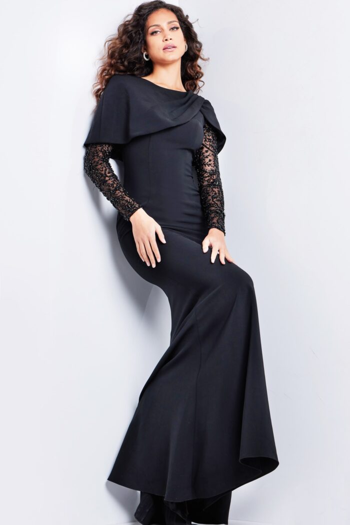 Model wearing Black Long Embellished Sleeves Fitted Dress 26062