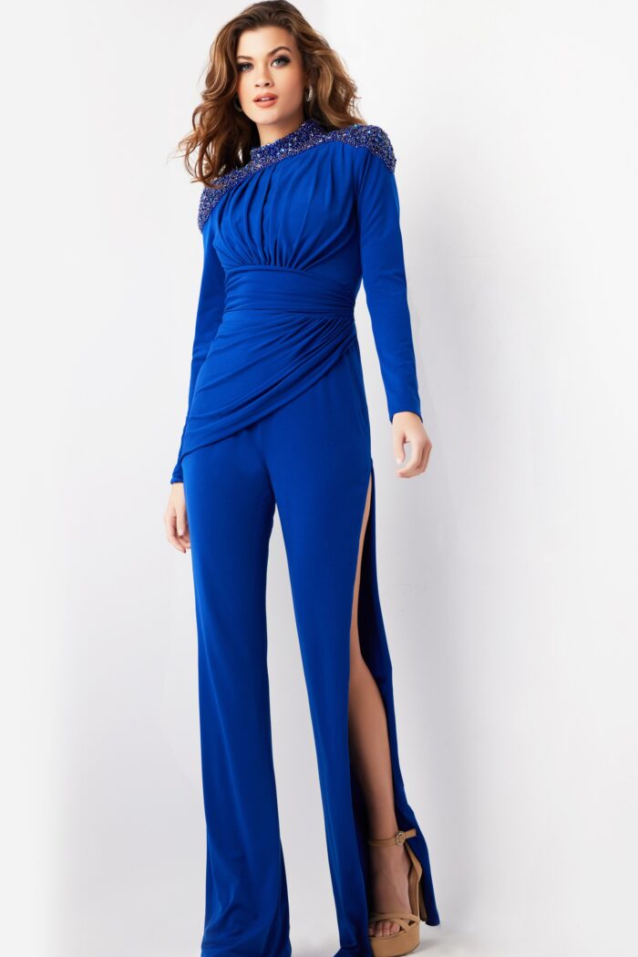 Model wearing Royal Blue Beaded High Neck Jumpsuit 26080