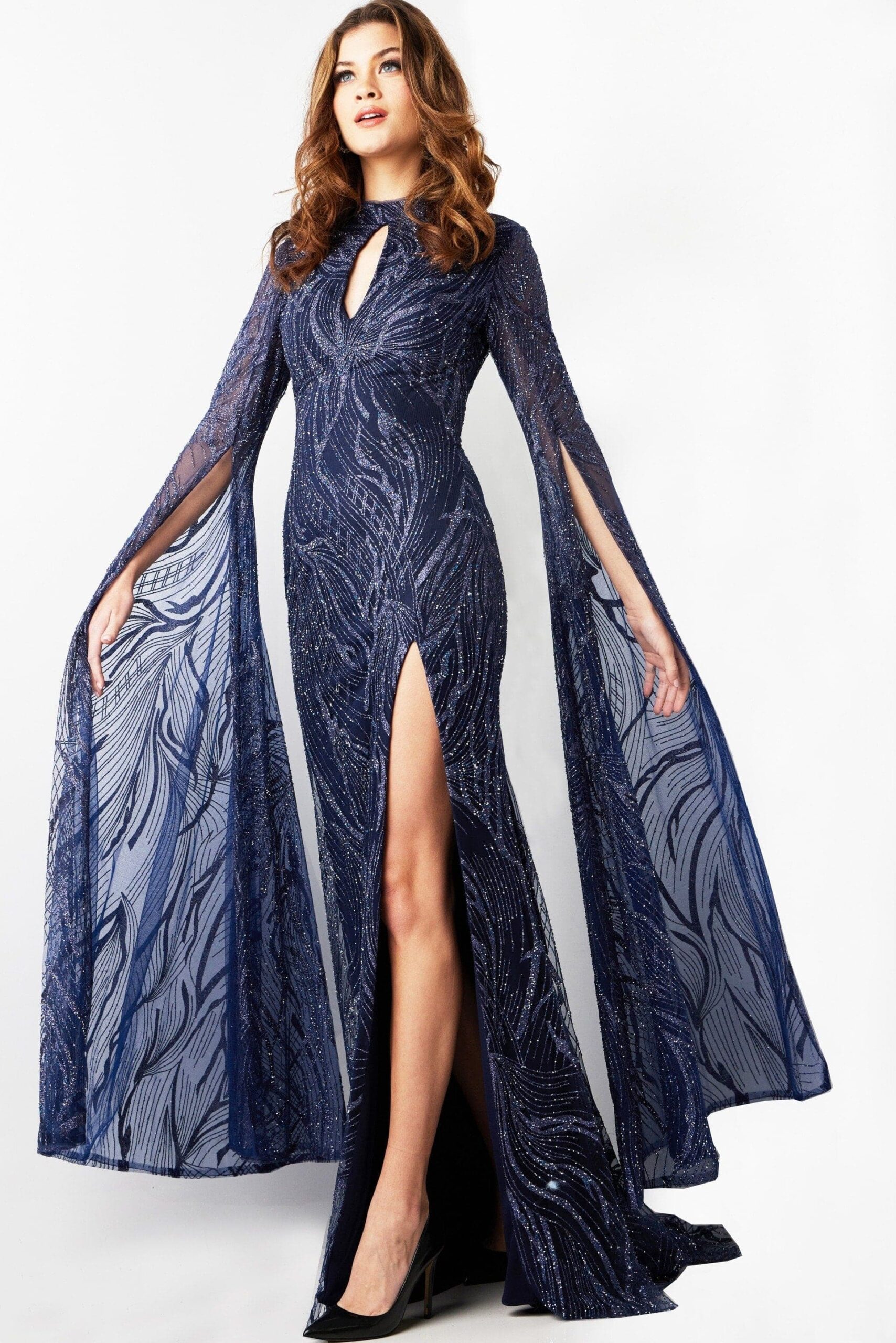 Navy High Neck Embellished Long Gown 26092