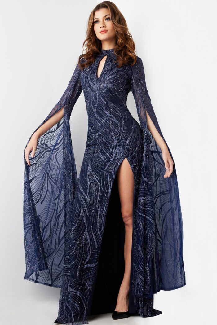 Model wearing Navy High Neck Embellished Long Gown 26092