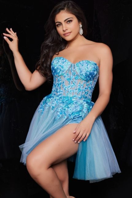 model in 26094 blue dress showcasing floral embroidery and high slit