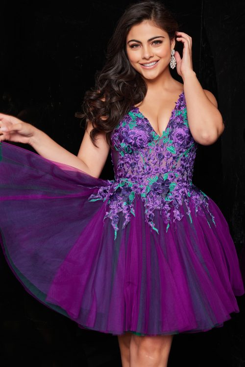 Jovani 26096 Purple Green Embroidered Tulle Homecoming Dress