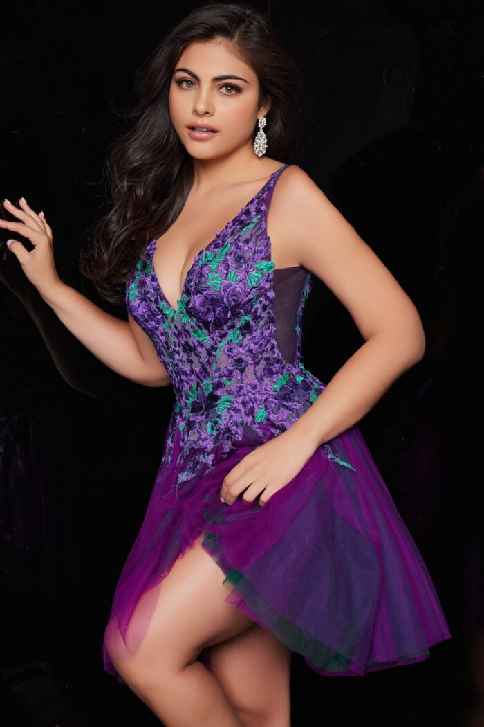 Model wearing Jovani 26096 Purple Green Embroidered Tulle Homecoming Dress