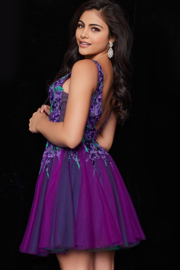 Model wearing Jovani 26096 Purple Green Embroidered Tulle Homecoming Dress