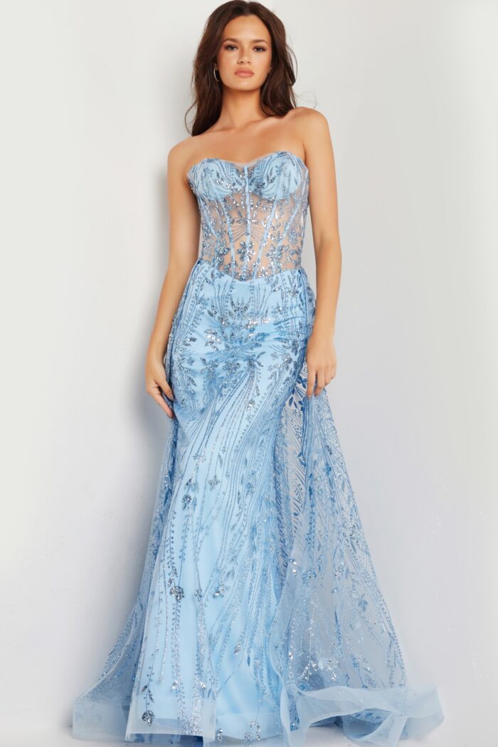 Model wearing Light Blue Illusion Bodice Mermaid Dress 26113