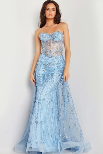 Model wearing Jovani 26113 elegant blue dress, front view with sequin embellishments.