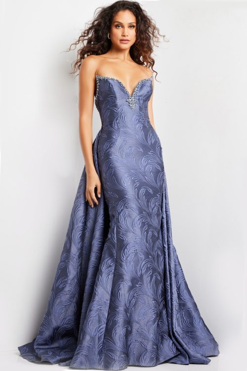 Grey Blue Strapless Jacquard Evening Gown 26115