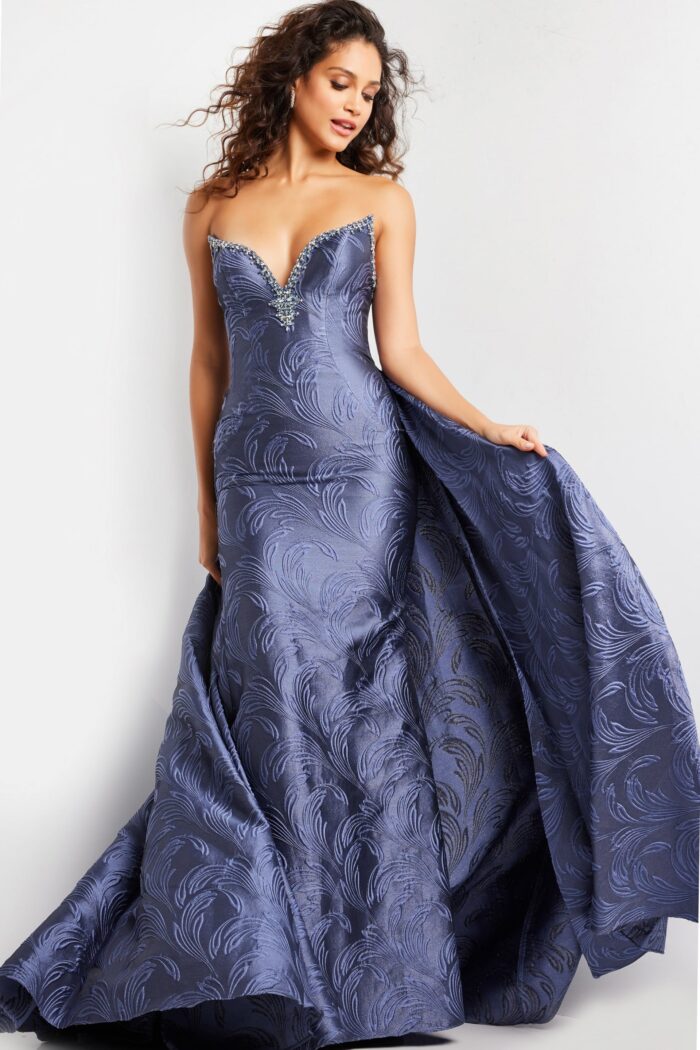Model wearing Grey Blue Strapless Jacquard Evening Gown 26115