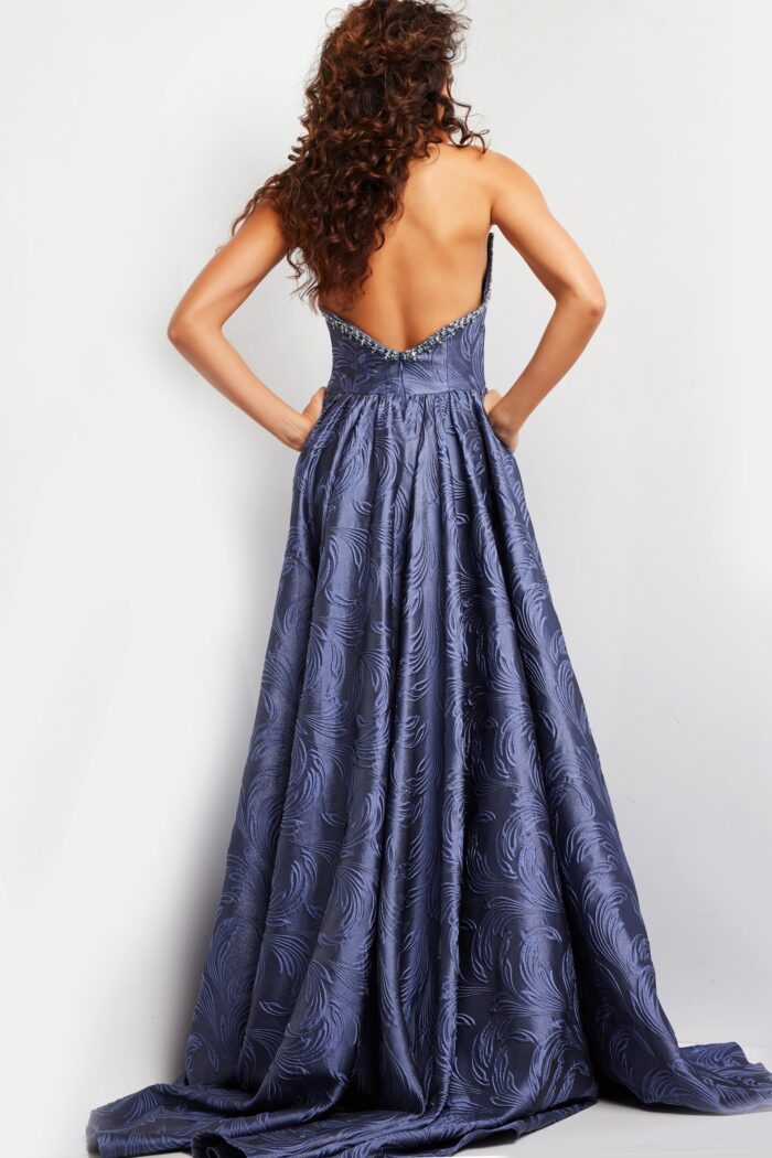 Model wearing Grey Blue Strapless Jacquard Evening Gown 26115