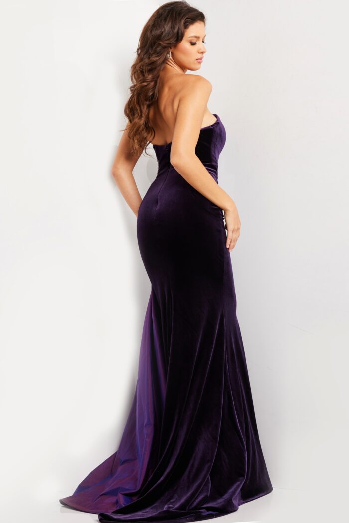 Model wearing Purple Velvet Strapless Dress 26116